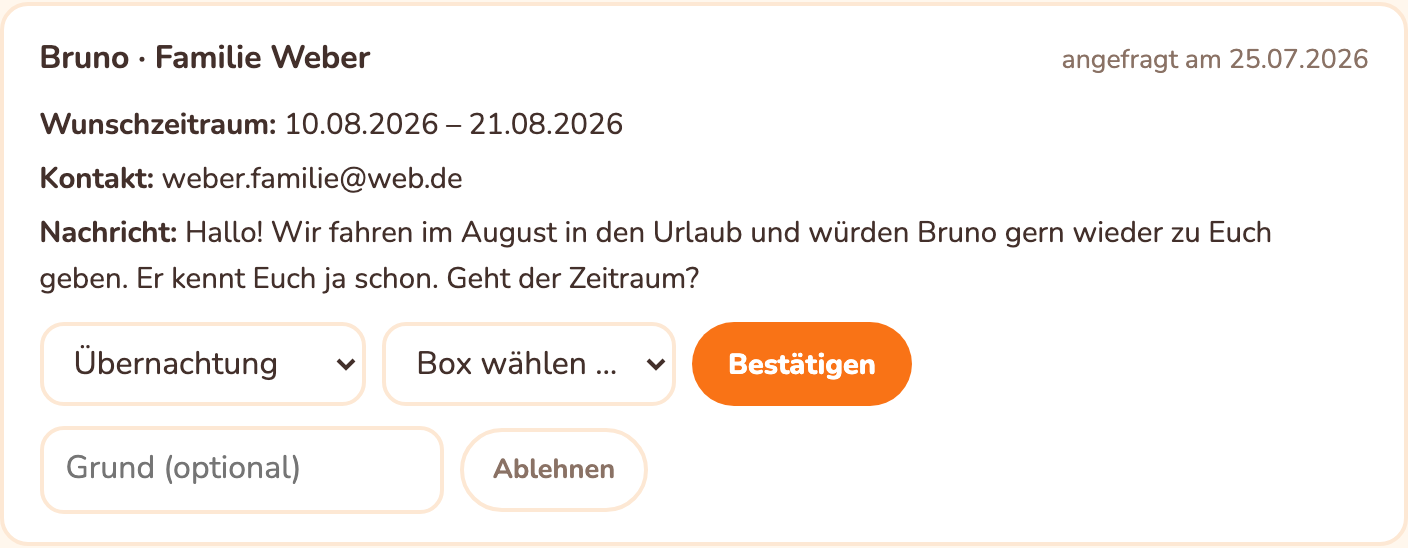 Anfrage in Pfotenbüro: Kundenanfrage mit Wunschzeitraum und Bestätigen-Knopf