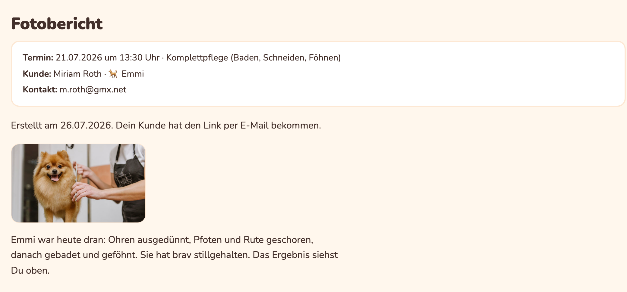 Fotobericht in Pfotenbüro: Foto vom Termin mit kurzer Notiz, per E-Mail beim Kunden