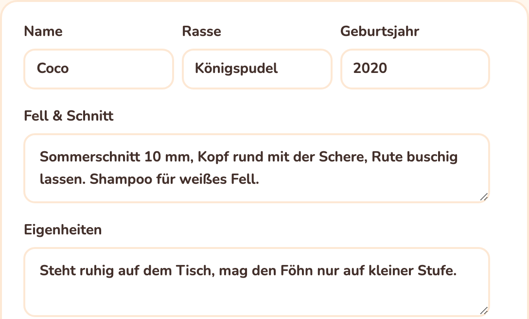 Hundeprofil in Pfotenbüro: Rasse, Fell und Schnitt sowie Eigenheiten des Hundes