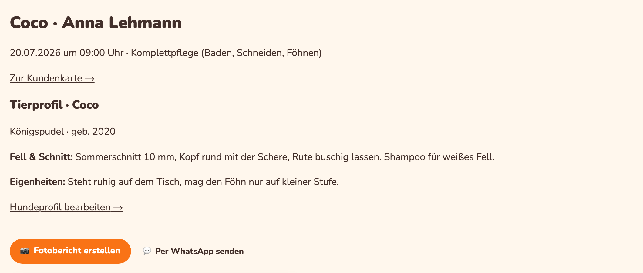 Termin in Pfotenbüro: Hund, Leistung, Fell-und-Schnitt-Notiz und die Erinnerung per WhatsApp mit einem Klick